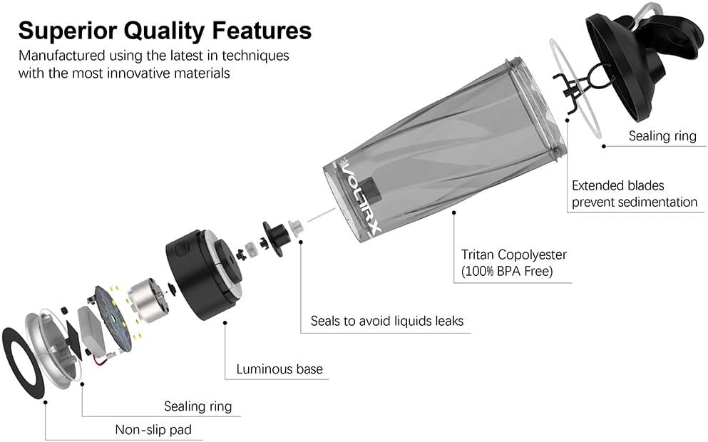 VOLTRX Premium Elektrikli Protein Shaker Şişesi, Tritandan Üretilmiştir - BPA İçermez - 24 oz Vortex Taşınabilir Mikser Kupası/Protein Shake'ler için USB Şarj Edilebilir Shaker Bardakları